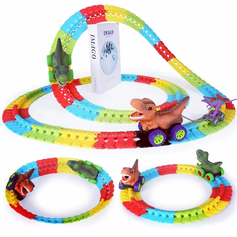 Colorful toy race track with dinosaur-themed cars for kids