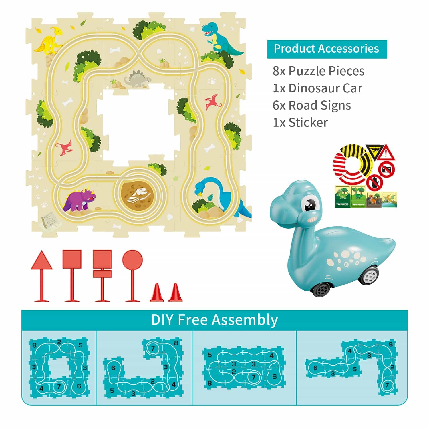 Piste de puzzle d'aventure pour enfants – Ensemble de jeu éducatif respectueux de l'environnement avec figurines de dinosaures pour un jeu créatif – Cadeau parfait pour les enfants