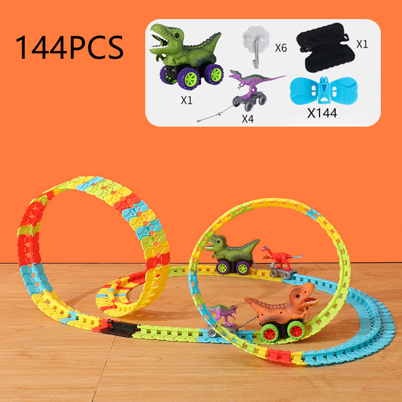 Dynamic dinosaur toy cars racing on a looped track